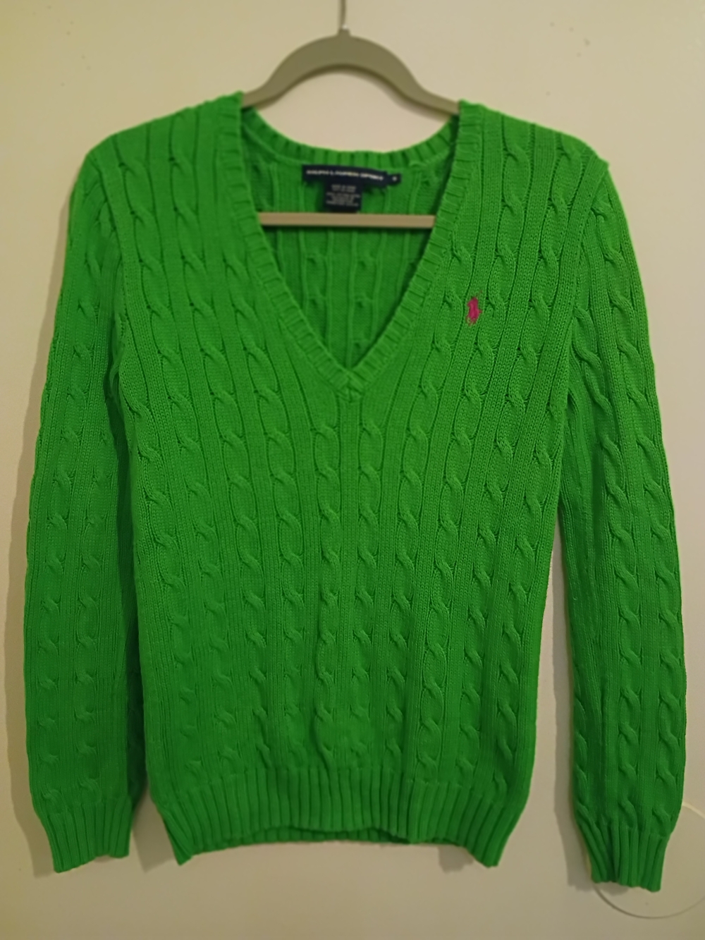 Ralph Lauren Green Cable-Knit V-Neck Sweater with Pink Pony Sz M